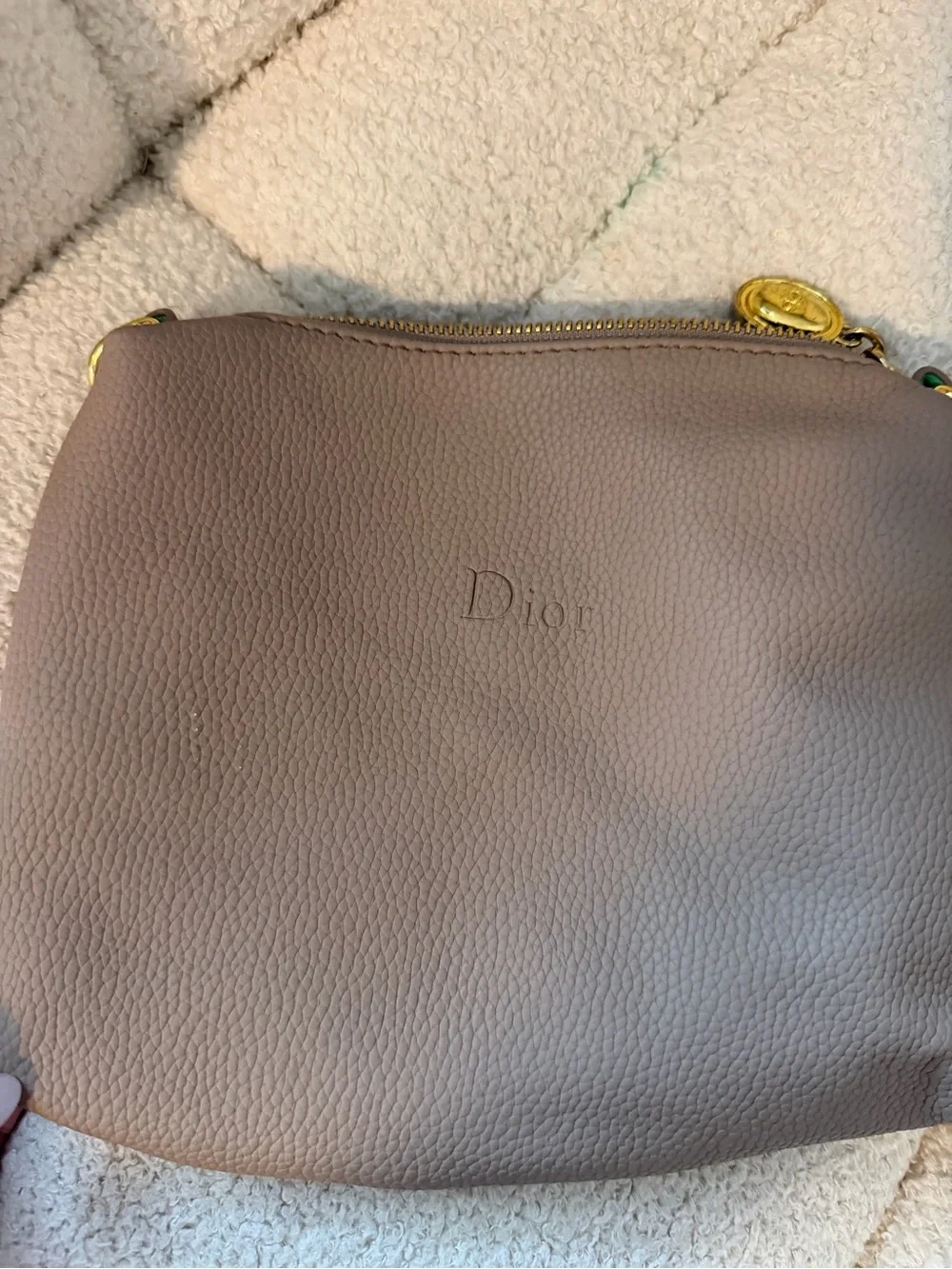 Dior Beige Taupe Pebbled Leather Cosmetic Pouch with Gold Hardware